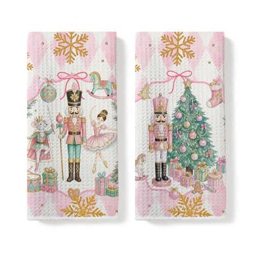 2 Pcs Pink Nutcrackers Merry Christmas Kitchen Towels - 14x24 in Multi 0877