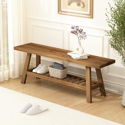 43.3-Inch Reclaimed Solid Wood Entryway Bench with Storage Shelf