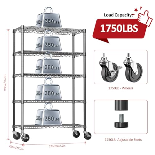 5-Tier Heavy Duty Steel Wire Shelving Unit with Wheels, 1750 lbs Capacity