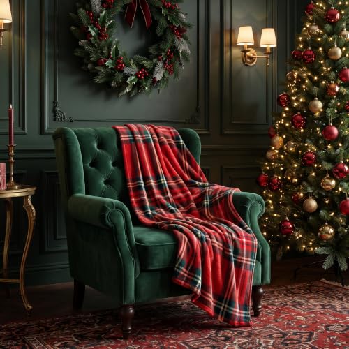 Christmas Fleece Blanket Holiday Throw 50x60 Red Tartan for Sofa Bed Home Decor