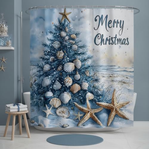 FAXTOZ Christmas Shower Curtain 70x70 Inches Coastal Watercolor Tree Shells Starfish