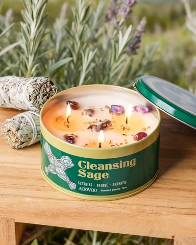 Sage Cleansing Candle with Crystals - 12oz 3-Wick Soy Aromatherapy Candle