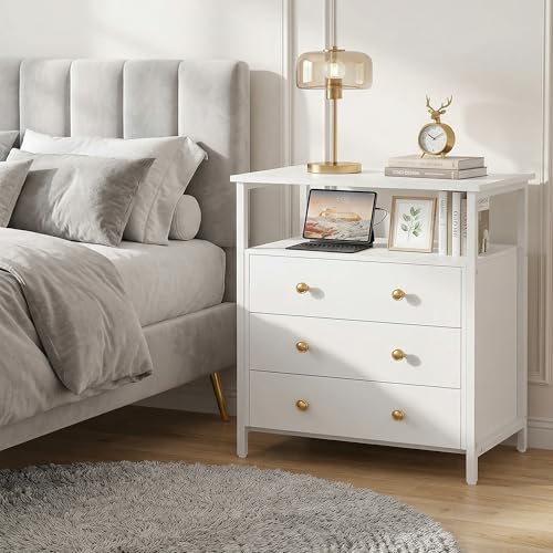 27-Inch Wide 3-Drawer Nightstand with Built-in Charging Station, White