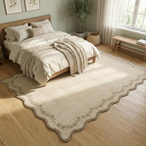 5x7 Scalloped Area Rug, Washable Non-Slip Low Pile Carpet for Living Room