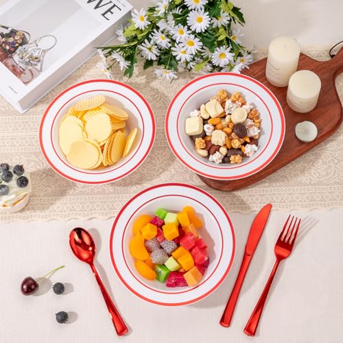 Goodluck 50 Pack Red Rim Plastic Bowls - Disposable 12oz Party & Dinnerware