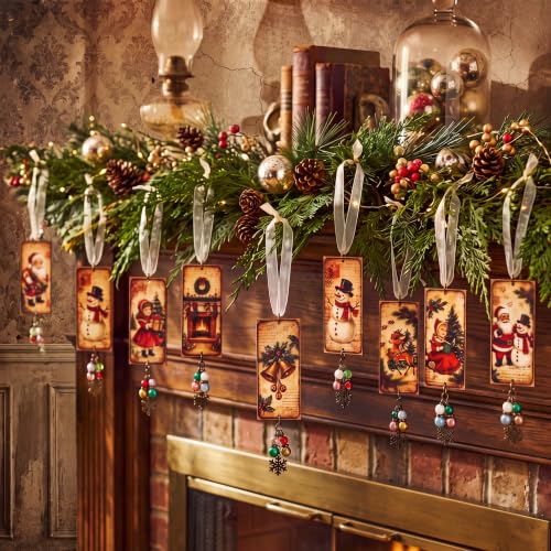 Kigeli 12-Pack Vintage Wooden Christmas Ornaments - Double-Sided Rustic Snowman, Santa, Reindeer & More