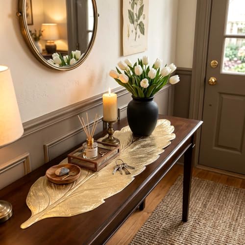Evevda Gold Table Runner 36 In. with Gold Leaf Vinyl, Heat-Resistant