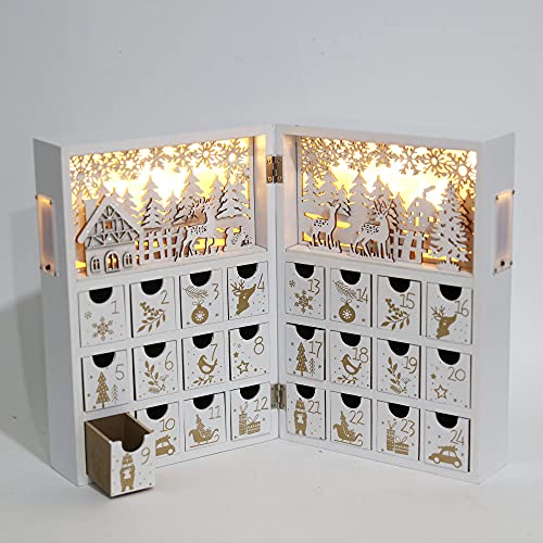 Pioneer-Effort Wooden Advent Calendar with LEDs, White & Gold – 24-Drawer Countdown Decor