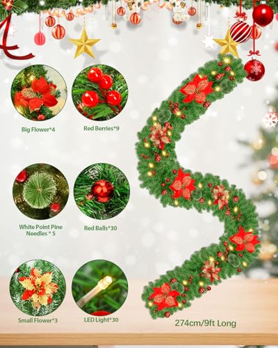 9ft Pre-Lit Christmas Garland with LED Lights, Red Flowers & Berries, Indoor Outdoor Holiday Decor