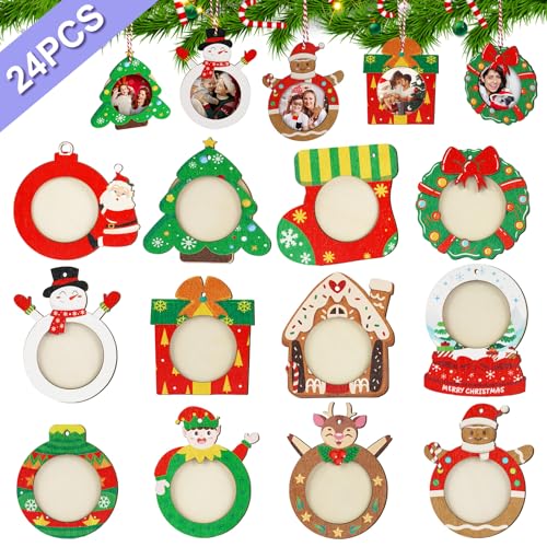 24 Pcs Christmas Wooden Picture Frame Ornaments - DIY Personalizable Holiday Decor
