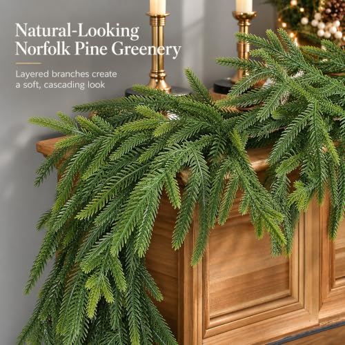 A-light Green 6ft Norfolk Pine Christmas Garland for Mantel & Fireplace – Real Touch Outdoor/Indoor Holiday Decor