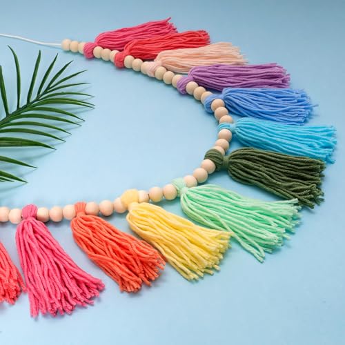 Colorful Tassel Garland with Wood Beads - 43-inch Boho Wall Hanging Decor