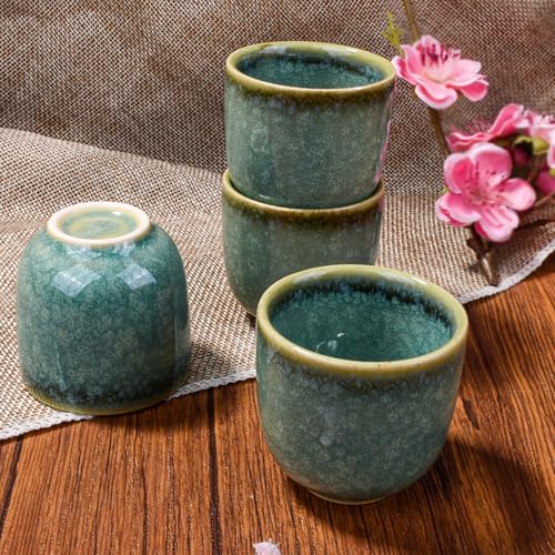 Green Porcelain Sake Cup Set of 4 - 2.04'' Ceramic Drinking Cups, BOSILI