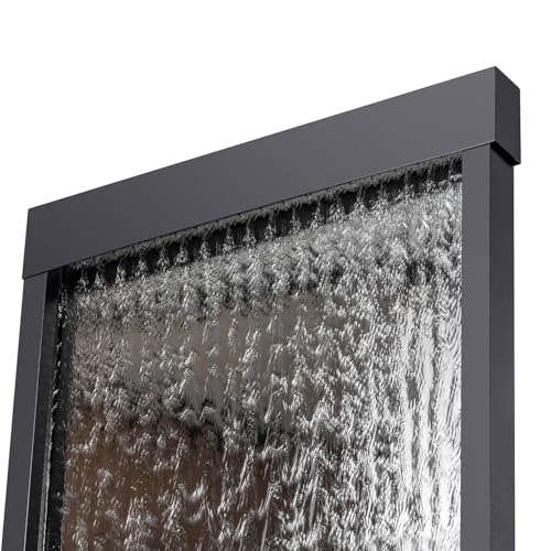 72-Inch Mirror Waterfall Floor Fountain with LED Lights & River Stones