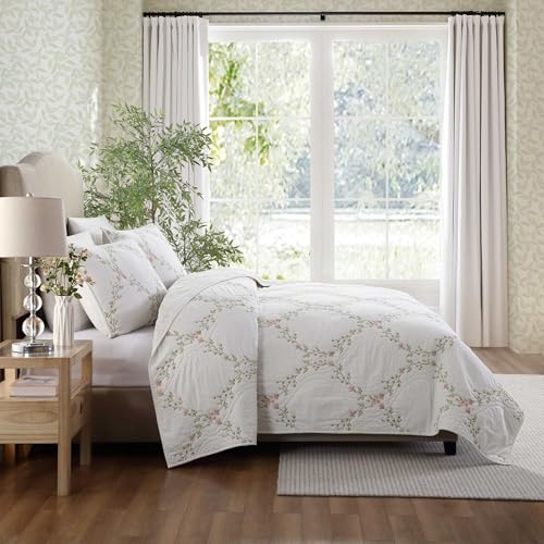 Full/Queen Floral Embroidered Cotton Quilt Set with Matching Shams - Pink