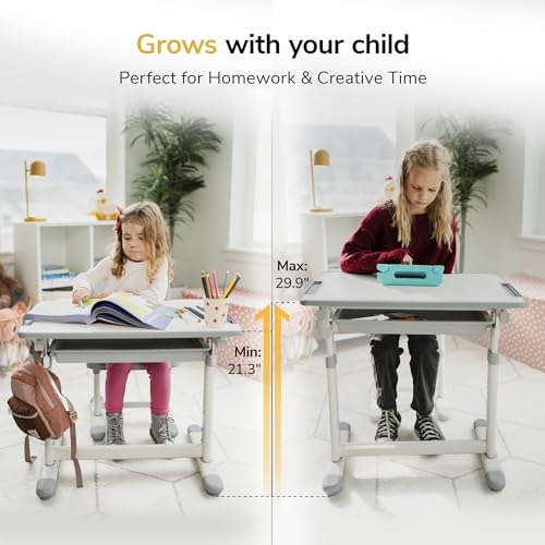 Adjustable Kids Desk and Chair Set with Tilting Desktop and Storage Drawer