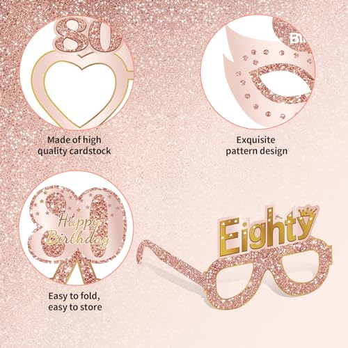 80th Birthday Paper Eyeglasses Photo Booth Props - 24 Pack Rose Gold