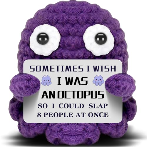 Mini Crochet Octopus Desk Decor with Motivational Card, Purple Gift