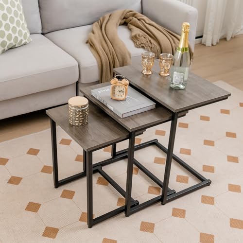 3-Piece Nesting Side Table Set, C-Shaped Wood Top End Tables for Small Spaces