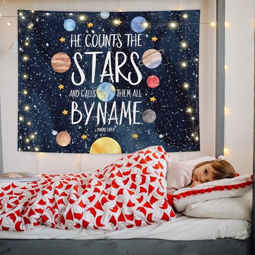 Space Solar System Christian Tapestry Wall Hanging, Flannel Decor, 50x60 Inch