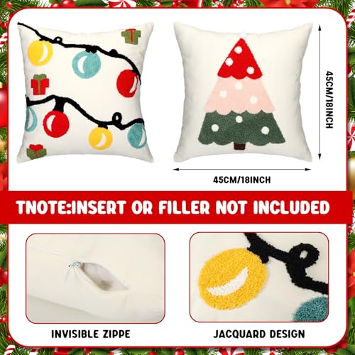 Beeveer 2 Pcs Christmas Jacquard Throw Pillow Covers 18 x 18 in - Tree & Lantern 3D Embroidery