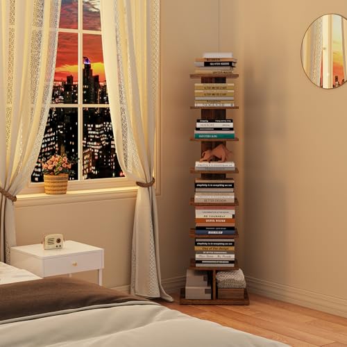 8-Tier Vertical Spine Bookshelf for Small Spaces, Narrow Corner Book Tower