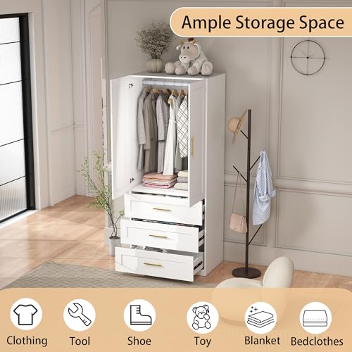 Modern White Wardrobe Closet with 3 Drawers and Hanging Rail