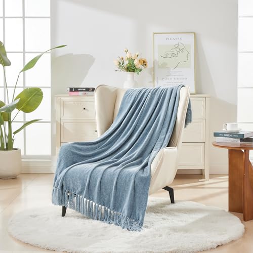 Chenille Throw Blanket with Fringe, Dusty Blue Plush Sofa Throw 50"x60"