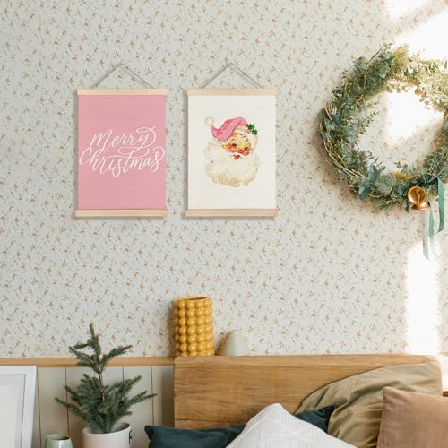 Supwhd Pink Santa Christmas Wall Art Set of 2 - Retro Holiday Decor, 12x16 Inches with Wooden Poster Hangers