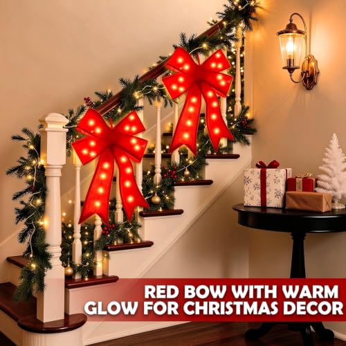 2 Pack Prelit Red Velvet Christmas Bows with 20 LED Lights & Remote Timer