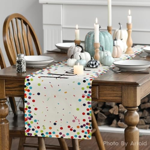 Polka Dot Happy Birthday Table Runner, Beige Dining Table Decor 13x72 Inch