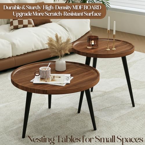 2-Piece Mid-Century Modern Nesting Coffee Table Set, Round Walnut Finish
