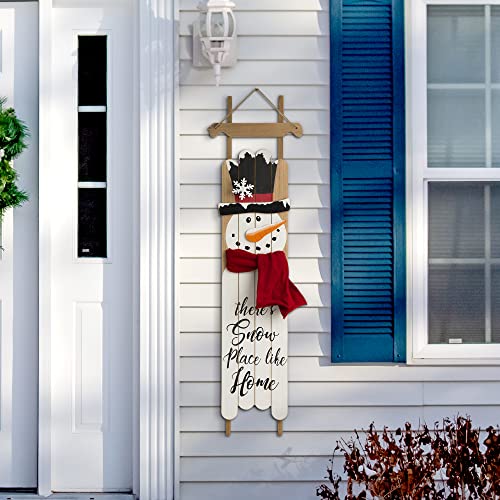 Glitzhome Wooden Snowman Welcome Wall Sign (42in) - Front Door Porch Rustic Snowman