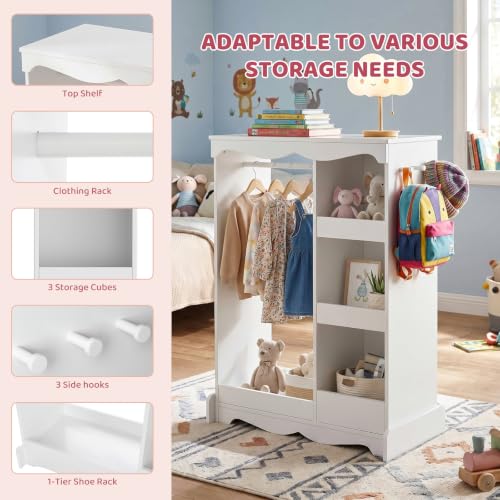Kids Wooden Dress-Up Wardrobe with Full-Length Mirror and Storage Shelves