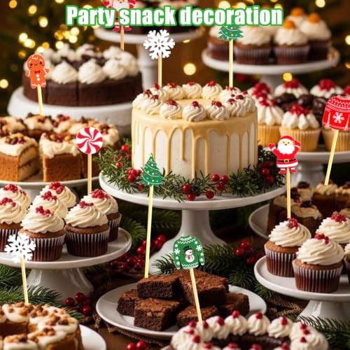 Jouaeo 100Pcs Christmas Cocktail Picks 7 Styles Bamboo Toothpicks for Appetizers & Cocktails