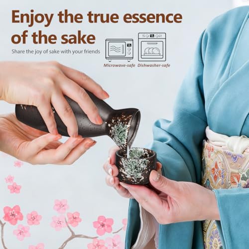 Luxshiny Japanese Ceramic Sake Set with 1 Bottle & 4 Cups - 13cm x 5.5cm x 5cm