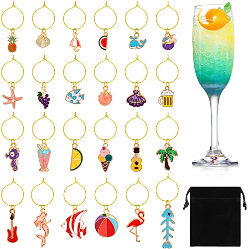 SANNIX Beach Wine Glass Charms Set – 24 Summer Beach Pattern Markers for Stem Glasses