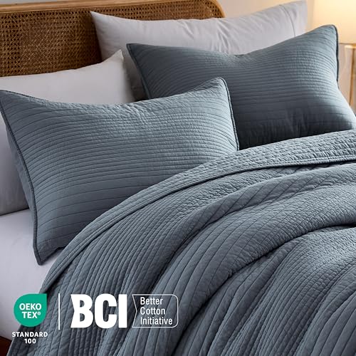 100% Cotton Queen Quilt Bedding Set - Striped Blue Grey Coverlet with 2 Shams