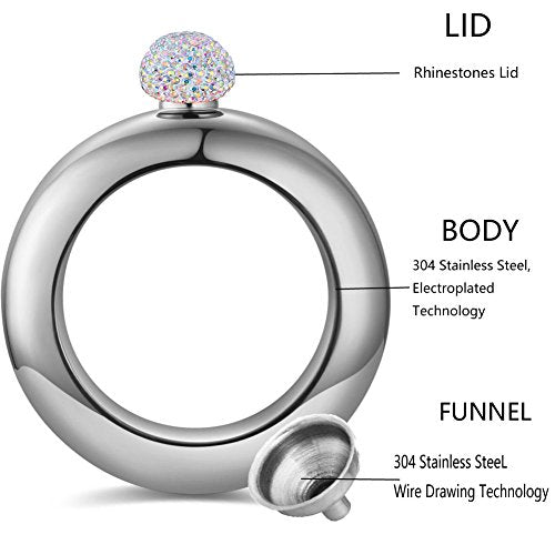 Qingo Silver Rhinestone Lid Bracelet Flask with Funnel 3.5 oz Stainless Steel