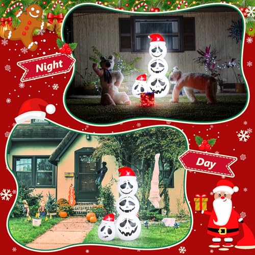 Leyndo 6ft Halloween Skeleton Inflatable with Santa Hat | LED Outdoor Yard Decor