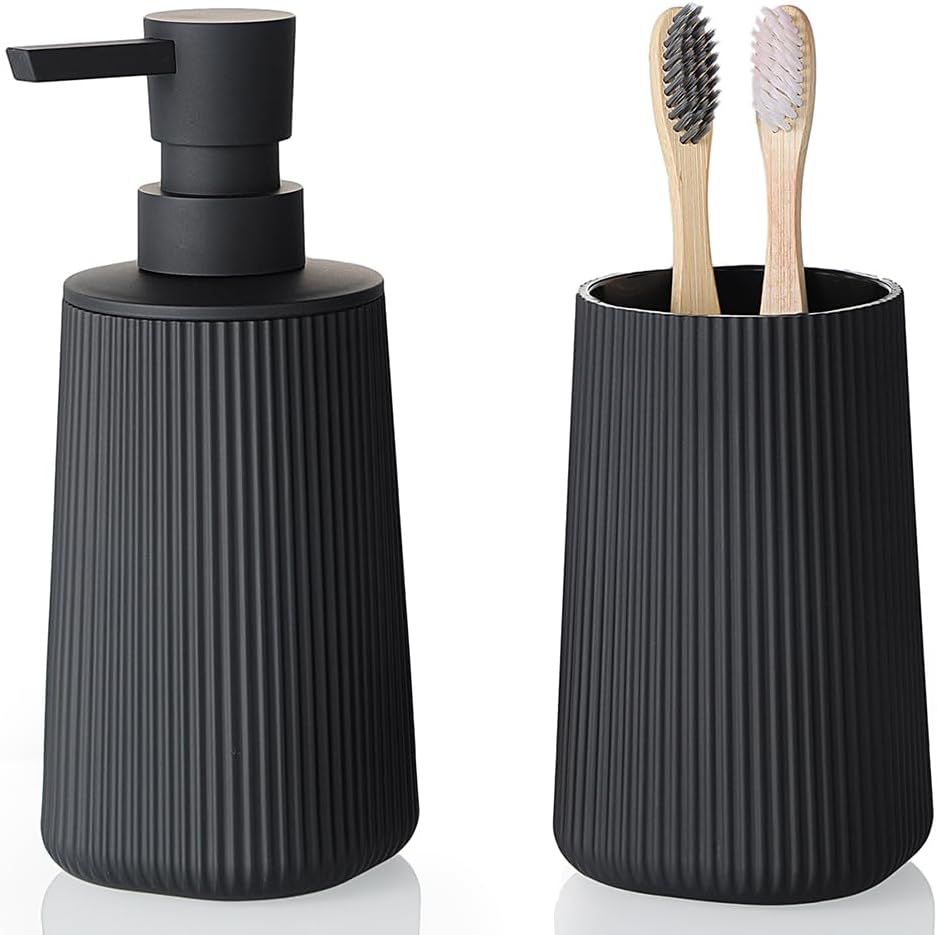 YAUKPH Bathroom Accessories Set - 2-Piece Soap Dispenser & Toothbrush Holder | Striped Black Design