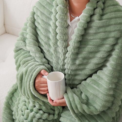 Sage Green Fleece Throw Blanket 50x60 Inches - Soft Striped Flannel