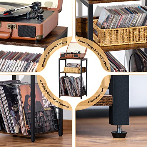 3-Tier Record Player Stand with Vinyl Album Storage, Rustic End Table