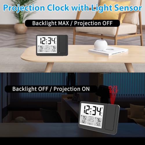 Atomic Projection Alarm Clock with Indoor Outdoor Temperature and Humidity