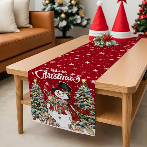 Ldtrchee Red Snowman Christmas Table Runner 13 x 120 In Cotton Linen, Winter Snowflake Decor