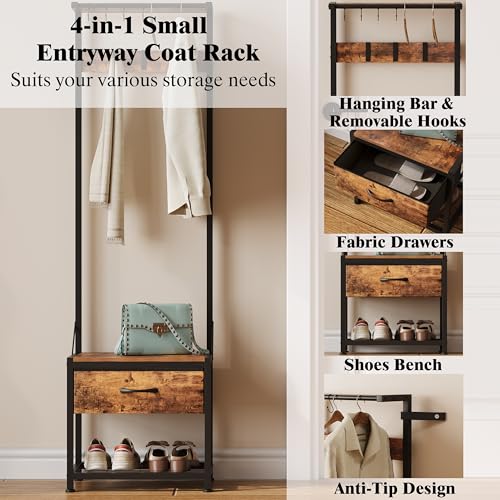 Narrow Hall Tree with Storage Bench, Coat Rack and Fabric Drawers
