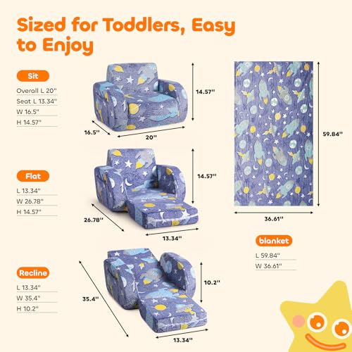 3-in-1 Foldable Kids Couch - Convertible Toddler Chair, Bed & Lounger