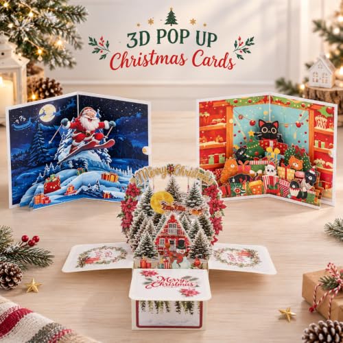 Christmas Cat 3D Pop Up Greeting Card with Envelope - Funny Holiday Card for Cat Lovers