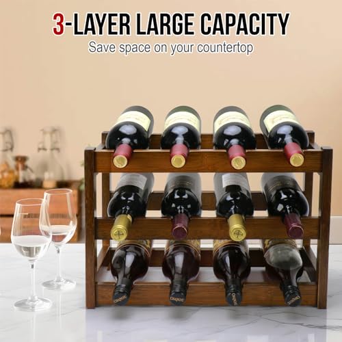 3-Tier Bamboo Wine Rack - 12 Bottle Countertop Storage Holder, Walnut