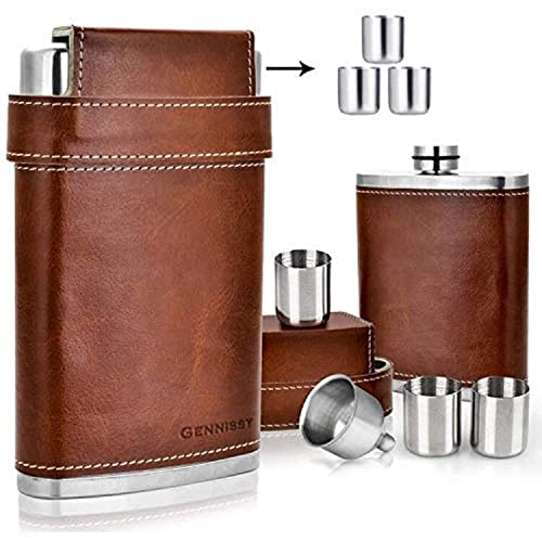 GENNISSY 8oz Hip Flask for Men Brown Leather Wrap - Leakproof Stainless Steel Gift Set with Funnel & Mini Cups